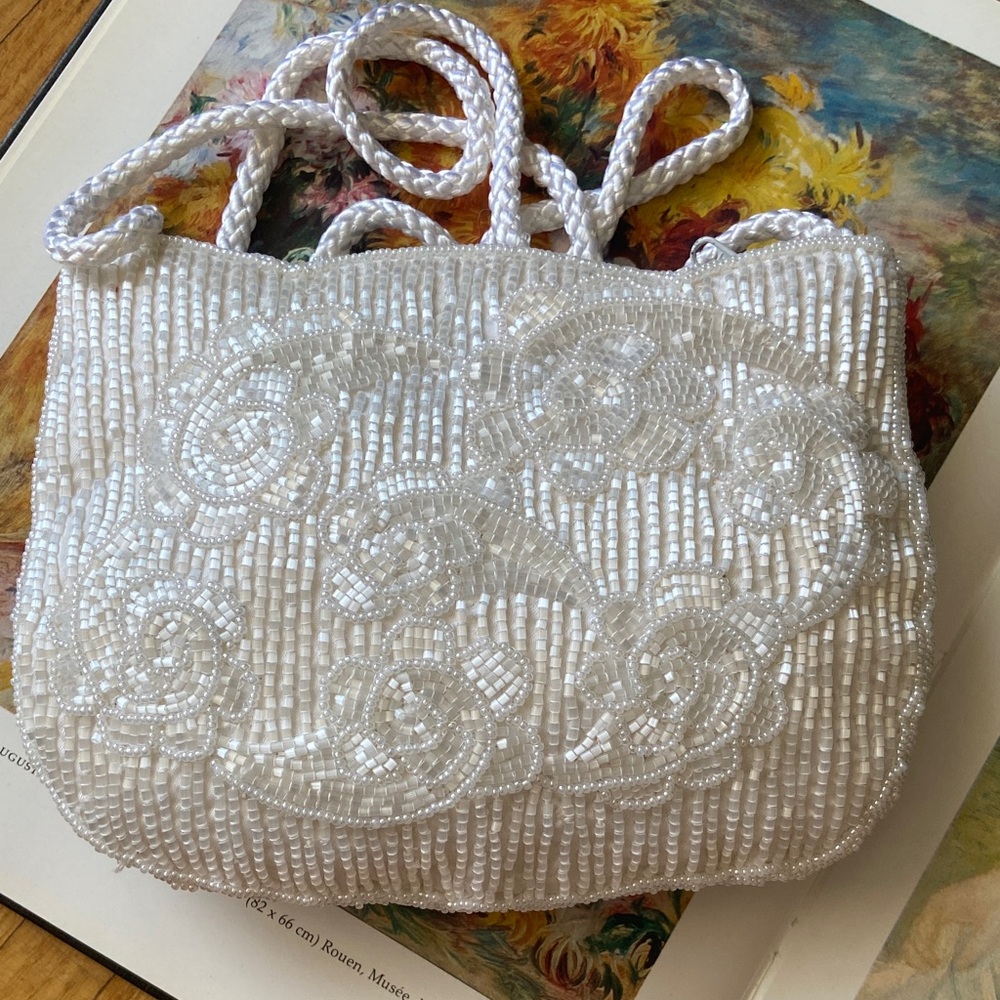 Goldco Elegant White Beaded Women's Bag Floral Vintage Bridal - Picture 3 of 4
